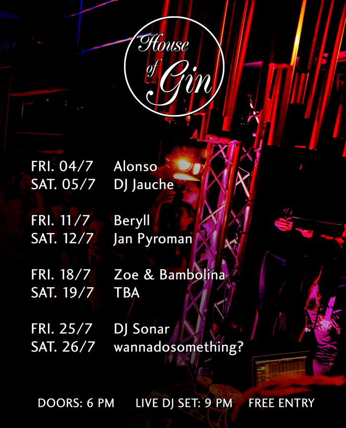 House of Gin Berlin – DJ line-up for July 2025 with live music and cocktails in an atmospheric bar setting.