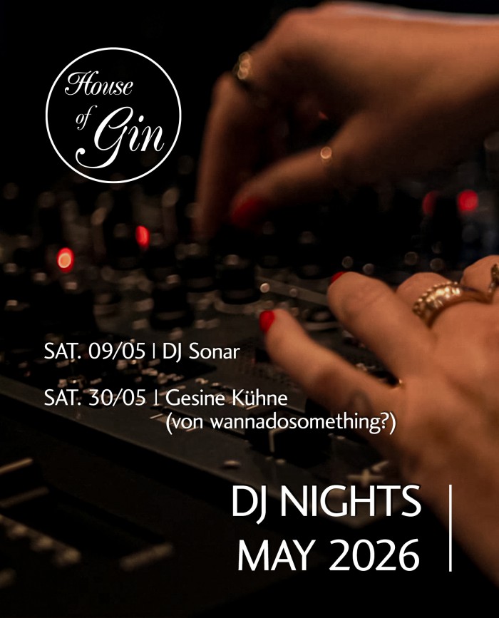 House of Gin Berlin – DJ line-up for May 2026 with live music and cocktails in an atmospheric bar setting.
