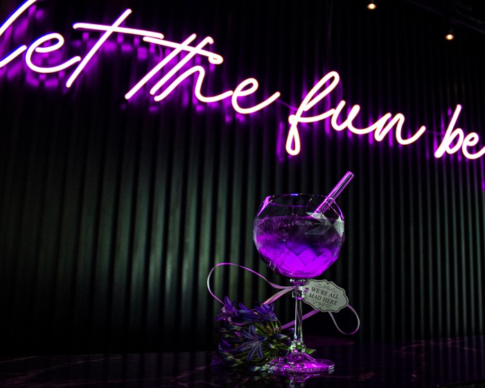 Elegant und verspielt angerichteter Gin Tonic Cocktail mit leichter violetter Färbung. Ein Teil des „Let the fun be Gin“ Neon-Leuchtschilds der House Of Gin Bar ist im Hintergrund zu sehen und komplimentiert farblich den Cocktail.