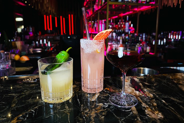 Zwei Cocktails und ein Glas Rotwein an der Bar im House of Gin im Hotel Place Berlin am Abend. Der ideale Ort für alle, die ein große Auswahl and Drinks und Gin Sorten lieben. 