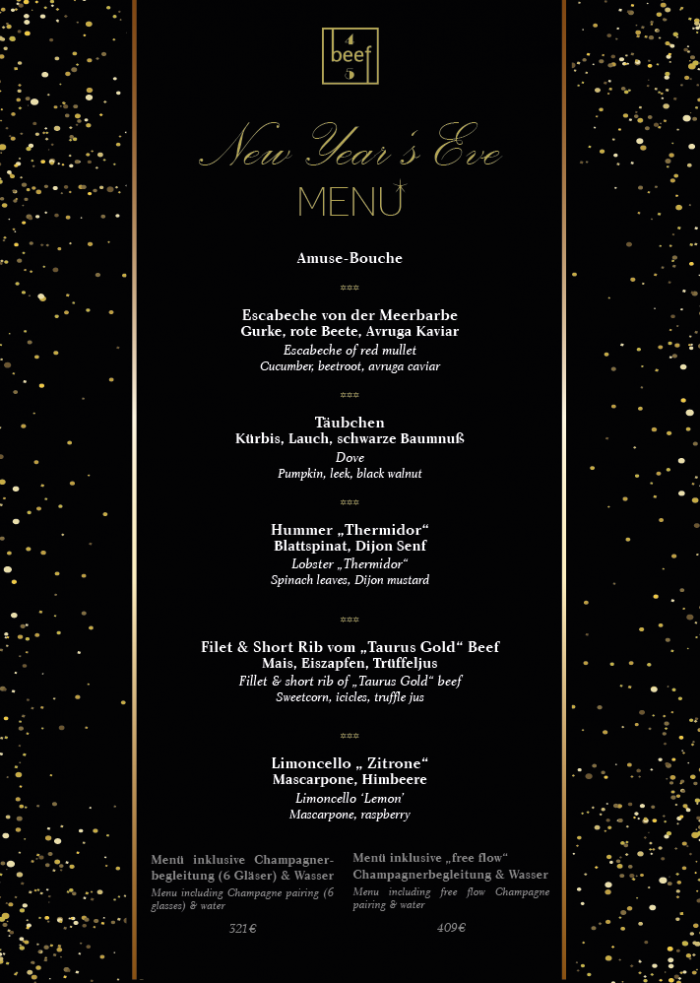 New Year's Eve menu at beef 45