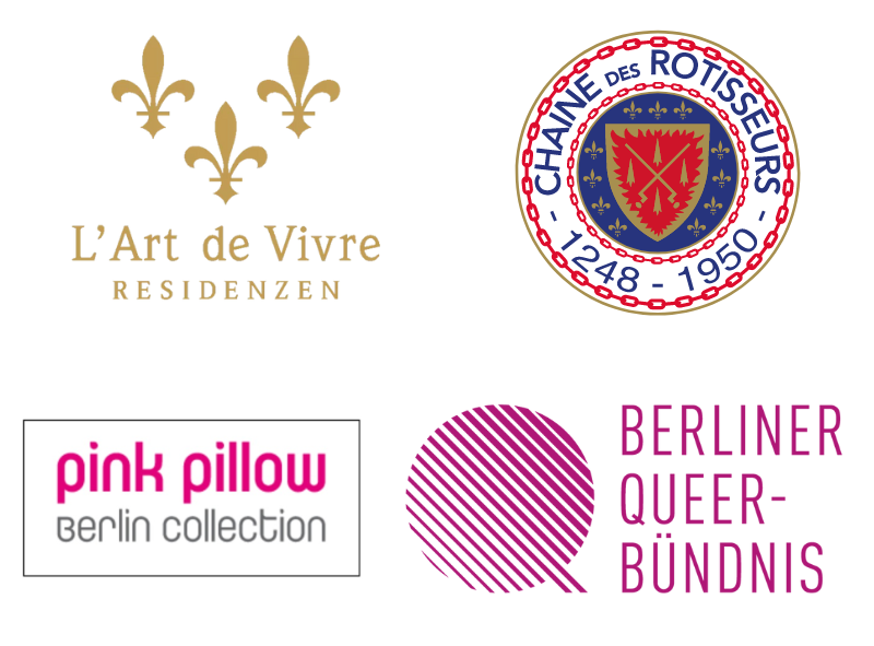 Logos der Partner des Hotel Palace Berlin - L'Art de Vivre, Pink Pillow Berlin Collection, Berliner Queer-Bundnis, Chaîne des Rôtisseurs