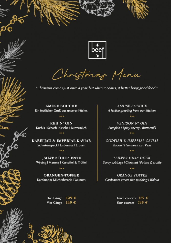 Festlich gestaltete Speisekarte mit dem Weihnachtsmenü 2026 des beef45 Restaurants 